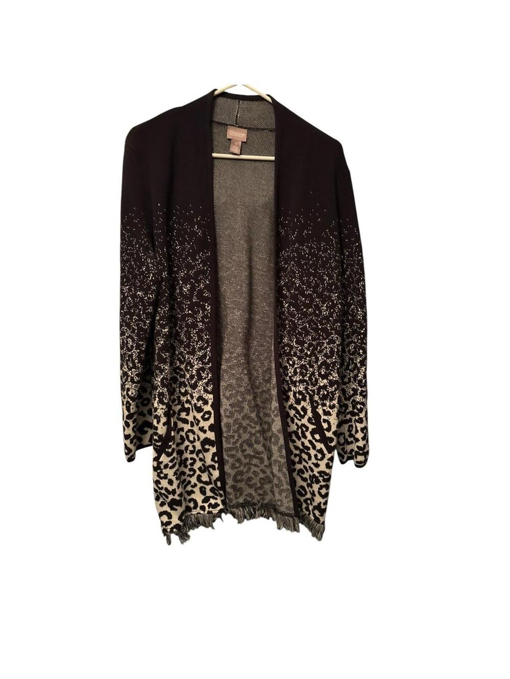 Chico's Black Cream Leopard Ombre Open Cardigan with Fringe